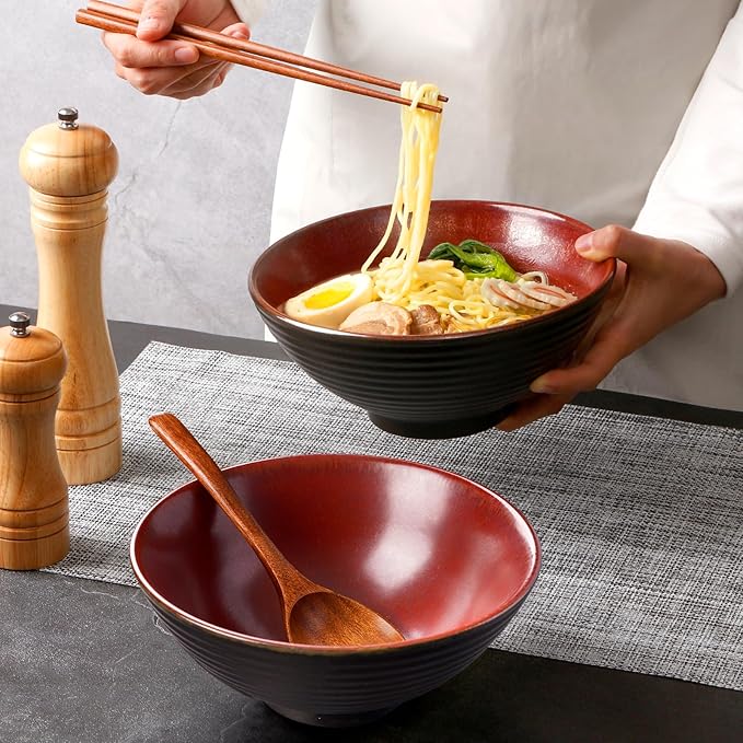 NUTRIUPS 8 Inch Ceramic Ramen Bowl Set of 2 Pho Bowls 40oz Japanese Noodle Udon Soup Bowls with Spoons and Chopsticks (Rusty Red Brown)