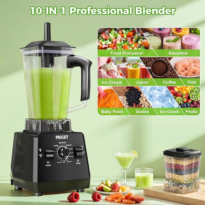 Professional Blender,Smoothies Blenders, PRASKY Max.2400Watts/1000Watts Blender and Grinder Combo 25000RPM Powerful Kitchen 68oz BPA Free 2 Containers Countertop Blenders Ice Crushing