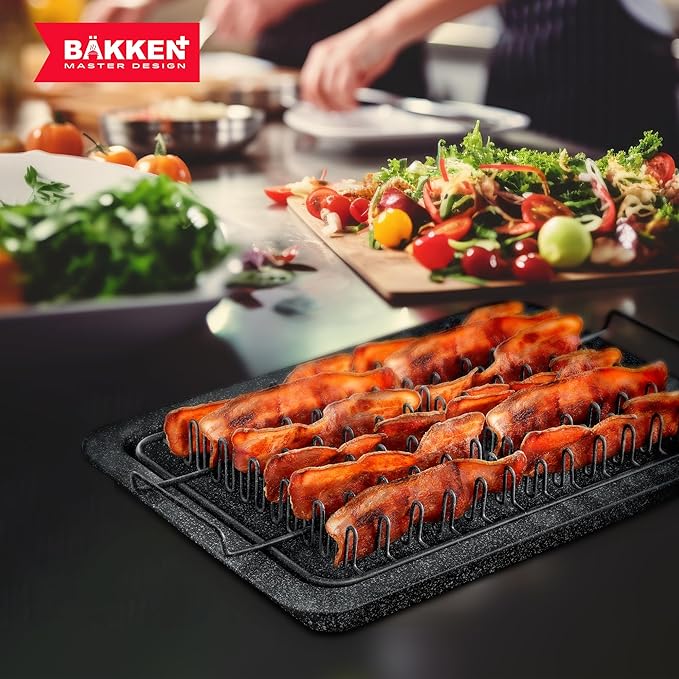 Bakken- Swiss Bacon Tray - 2-Piece Set – Marble Coating - Durable, Non-Stick Cooking Tray for Bacon – Black Stone Tray and Carbon Steel Rack