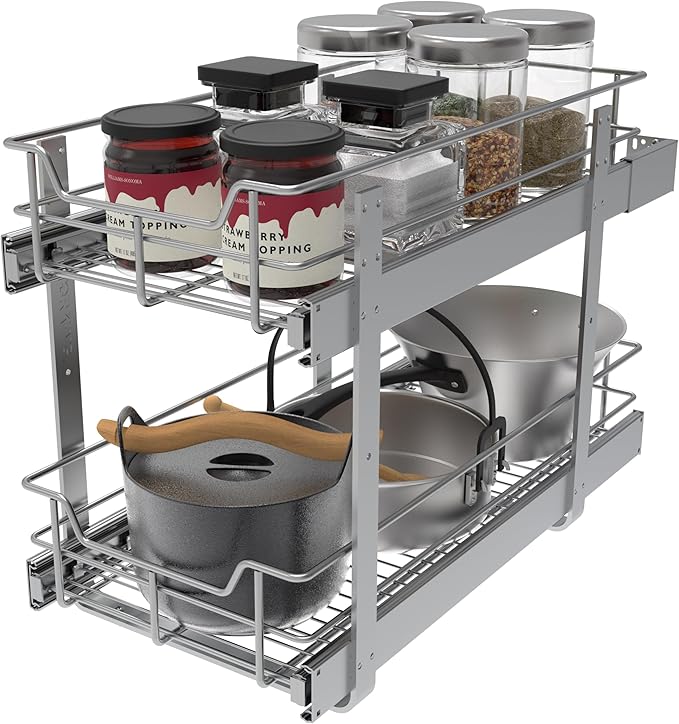 2 Tier Pull Out Cabinet Organizer 11" W X 22" D, Slide Out Drawers For Kitchen Cabinets, Pull Out Drawers For Cabinets Capacity Heavy Duty Caddy, Cabinet Pullout Shelves Chrome-Plated, Bathroom Pantry