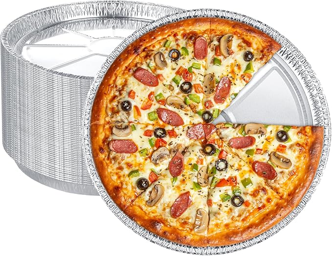 50 Pack Disposable Round Foil Pizza Pans Aluminum Pizza Pans for Personal Pizzas, 11 Inch Round Tin Foil Pan for Cookies, Cake, Focaccia-Freezer & Oven Safe