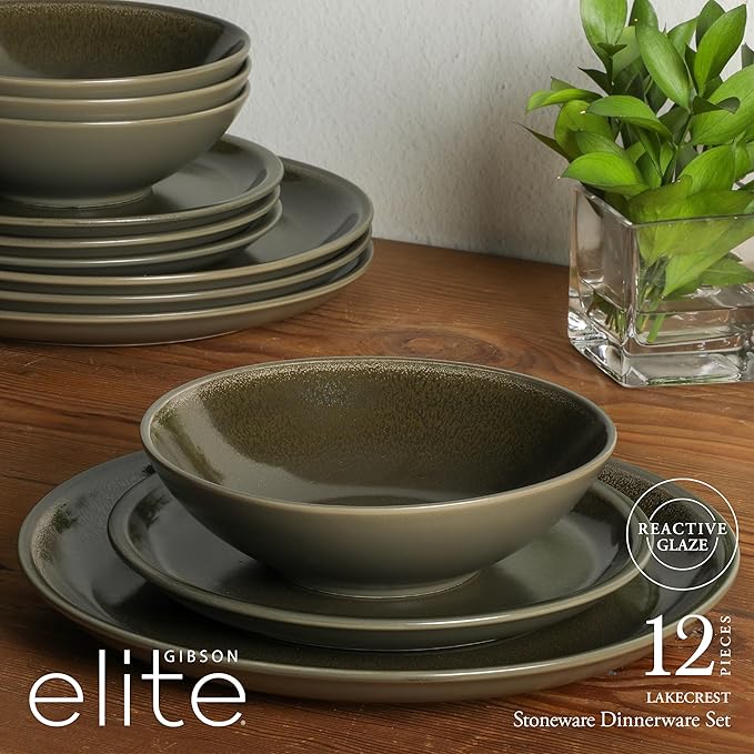 Gibson Elite 12 Piece (Service for 4) Lakecrest Plates and Bowls Reactive Glaze Round Dishes Stoneware Ceramic Dinnerware Set - Dark Green