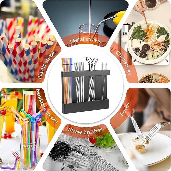 Magnetic Straw Organizer for Cabinet Door – Carbon Steel Straw Holder with Drain Holes, 4-Compartment Utensil Storage Rack for Reusable Straws, Spoons, and Coffee Bar Accessories