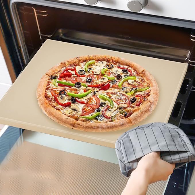 Pizza Stone and Wood Peel Set for Oven and Grill - 12x15 Inch Rectangular Baking Stone with Bamboo Peel, Perfect for Crisp Crust Pizza, Breads, Cheese, and More