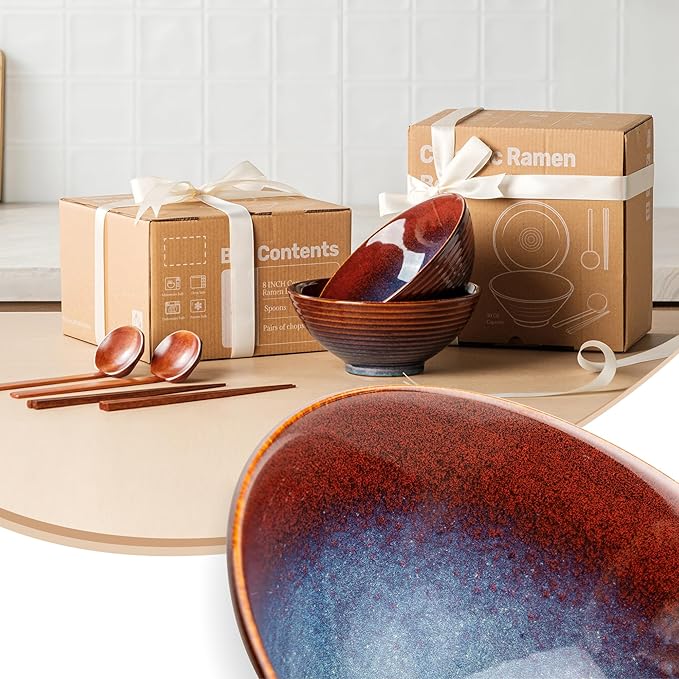 8 Inch Ceramic Ramen Bowl Set of 2, 40oz Japanese Bowls with Spoons & Chopsticks,Durable,Microwave & Dishwasher Safe,Perfect for Ramen,Pho,Salad,Soup,Noodles，Mixing bowls (Aurora Galaxy)