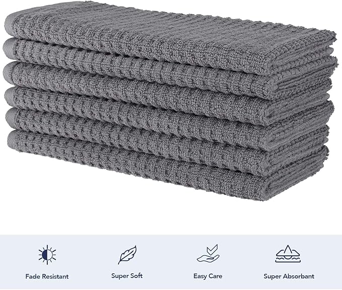 CRAFTSWORTH Kitchen Towels, 15 x 26 Inches, Pack of 6, 400 GSM, 100% Ring Spun Cotton, Solid Grey Dish Towels Super Soft and Absorbent, Tea Towels and Bar Towels