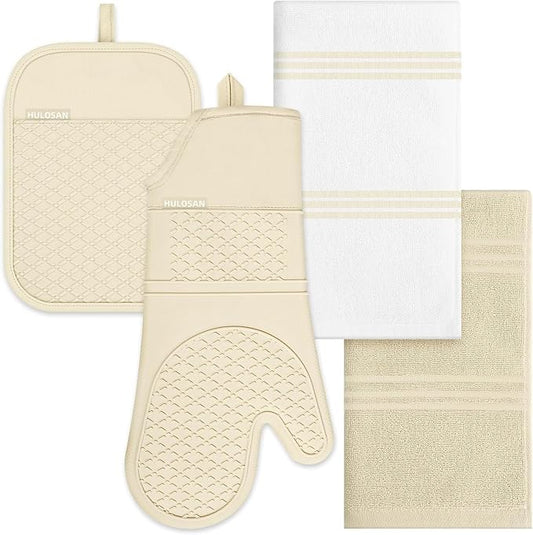 Oven Mitt and Pot Holders Sets, Quilted Cotton Terry Cloth,Non-Slip Pot Holder, Silicone Oven Mitt Heat Resistant, Oven Mittens 7.3"x14.2", Hot Pad 7"x10" & Dish Cloths 13"x25"