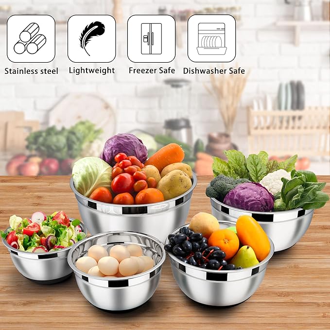 LIANYU Stainless Steel Nesting Mixing Bowls Set of 6, Size 7, 3.5, 2.5, 2, 1.5, 1QT, Large Metal Bowls with Airtight Lids, Ideal for Baking Cooking Food Storage, Non-slip Bottom, Black