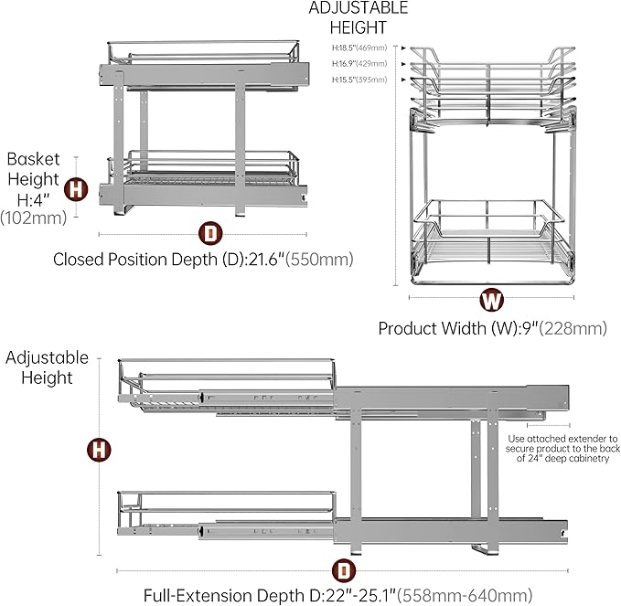 2-Tier Individual Cabinet Pull Out Shelves (9" W x 22" D), Slide Out Kitchen Panty Narrow Cabinet Storage Sliding Shelves