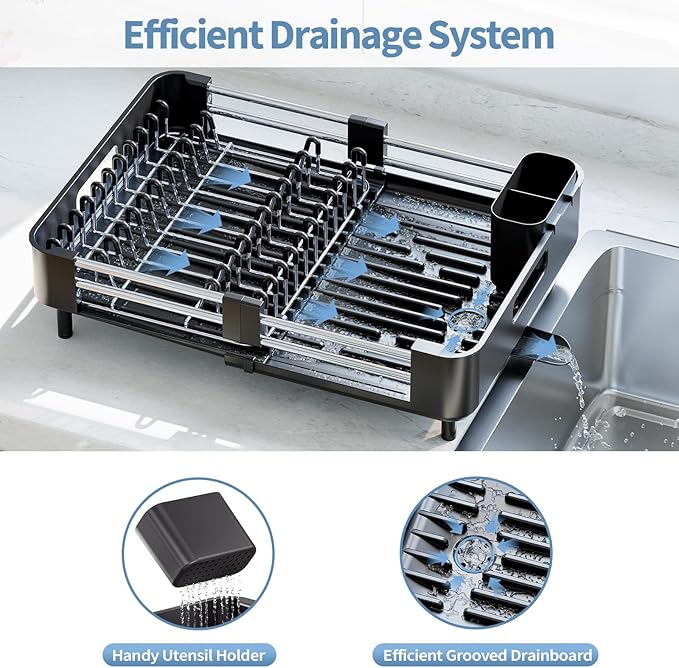 Dish Drying Rack for Kitchen Counter, Extendable Dish Rack with Drainboard, Collapsible Dish Drainer, Expandable Dish Strainer with Cutlery Holder, Foldable Home Countertop Plate Storage Rack, Black