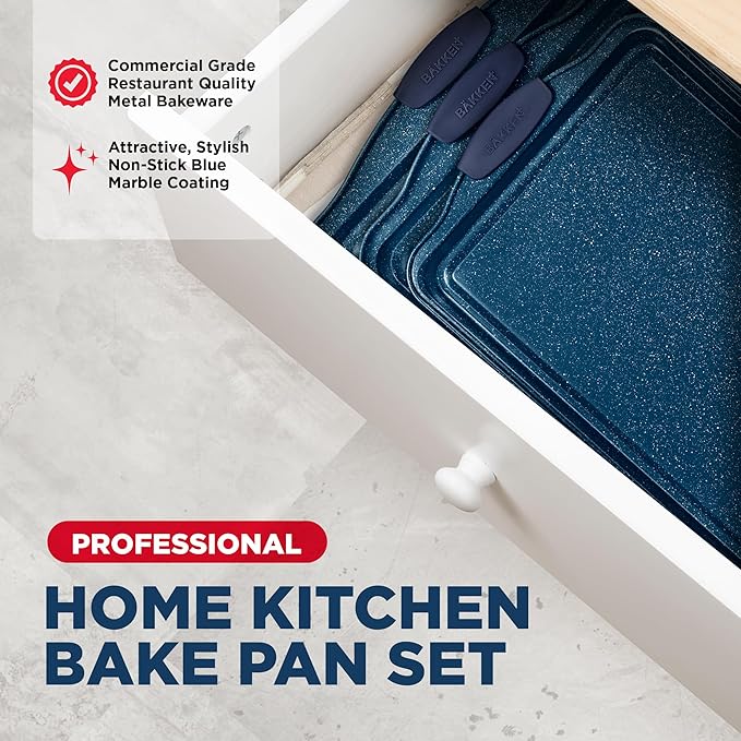 BAKKEN Kitchen Baking Pan Set - Nonstick Coating, Carbon Steel Bakeware Sets with Blue Silicone Handles, Baking Kitchen Essentials, PFOA, PFOS, PTFE Free, Oven Safe Tray (Up To 450° F), Set of 3