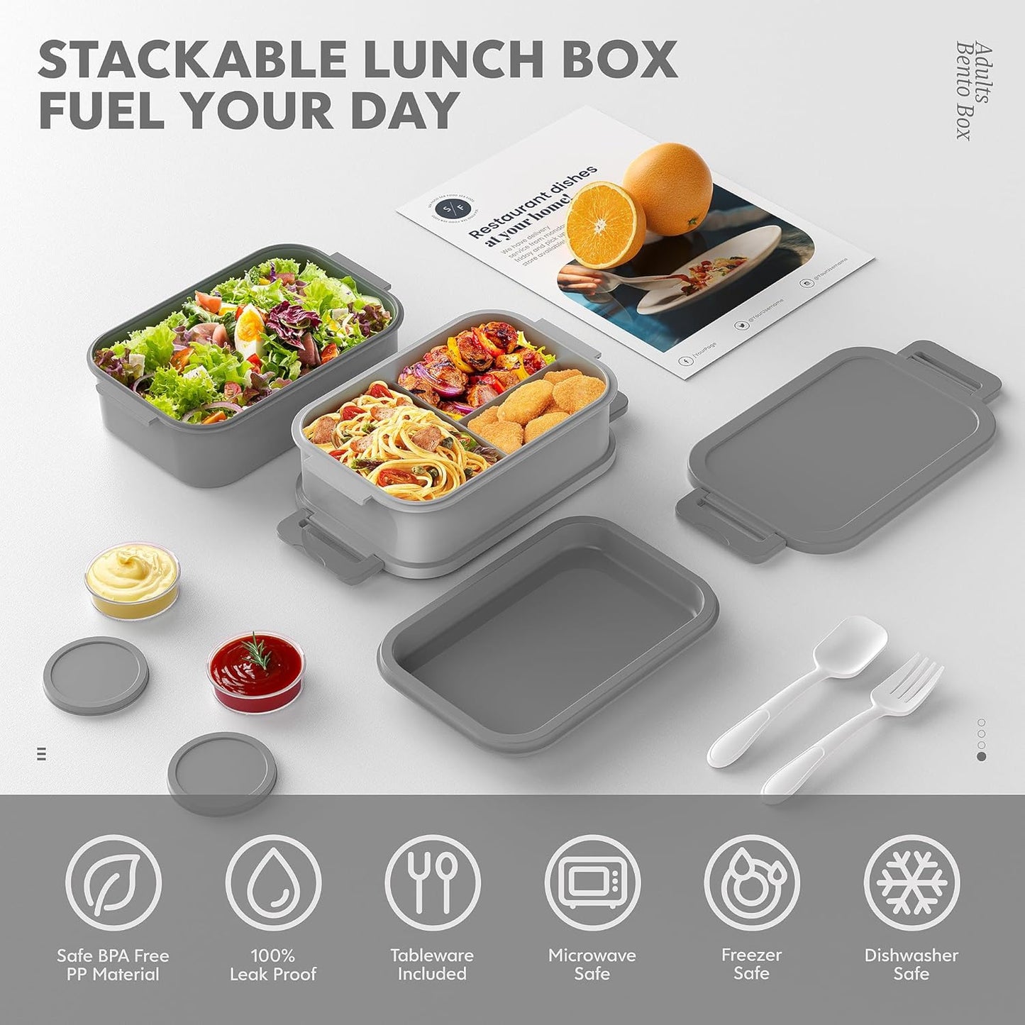 Jelife Adult Bento Box Lunch Box - 3 Layers Stackable Bento Lunch Box for Adults, 72oz Large-Style All-in-One Bento Boxes Leak-Proof Lunchbox with Utensil Sauce Containers for Dining Out,Work, Grey