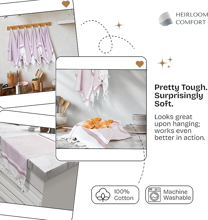 Burgundy Wine Turkish Kitchen Towels 16x26 Inch, 12 Pack, 100% Cotton, Ultra Absorbent, Soft, Fast Dry, Washable, Dish Towel with Tassels for Drying Dishes, Cleaning, Everyday Use