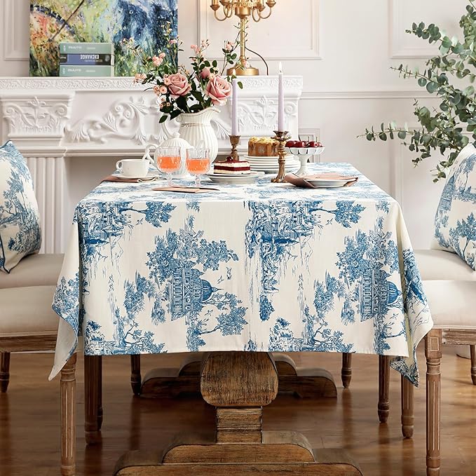 patdrea Designer Cyan Tablecloth for Rectangle Tables,Vintage Linen with Ancient Castle and Manor Pattern Tablecloths,Elegant Table Cover Cloth Decor for Kitchen Dining Christmas,67"*118"