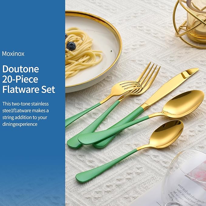 20-Piece Green & Gold Silverware Set, 18/0 Stainless Steel Colorful Handle Flatware Set,Service for 4,Modern Cutlery Set Includes Dinner Knives Forks Spoons,Mirror Polished,Dishwasher Safe