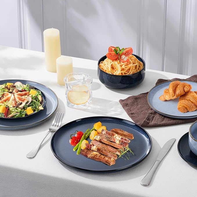 Herogo Stoneware Plates and Bowls Sets for 4, 12 Pieces Modern Dinnerware, Reactive Glaze Dishes Set for Kitchen, Chip Resistant, Microwave & Dishwasher Safe, Starry Blue & Haze Blue