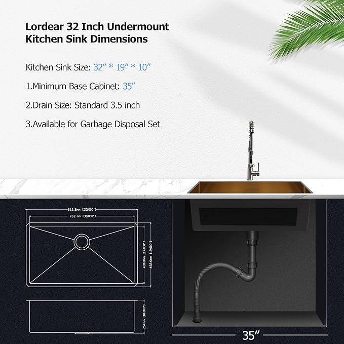 Lordear 32 Undermount Kitchen Sink Matte Gold 32X19 Kitchen Sinks16 Gauge Stainless Steel Deep Single Bowl Handmade Sink Basin