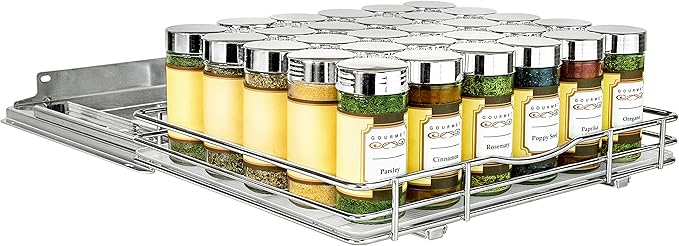 LYNK PROFESSIONAL® Pull Out Spice Rack Organizer for Inside Kitchen Cabinets - 12-3/8 inch Wide - Slide Out Drawer – Chrome Sliding Spice Cabinet Organization Shelf Racks - 1 Tier