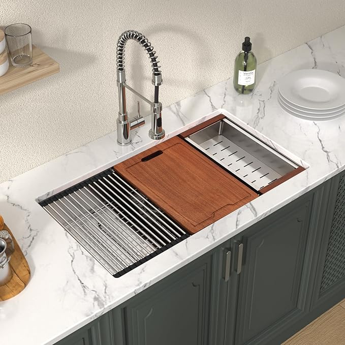 Lordear 33 Undermount Kitchen Sink 33" x 19" Stainless Steel Sinks 16 Gauge Single Bowl Ledge Workstation Handmade Under Counter Kitchen Sink Basin with Built-In Accessories