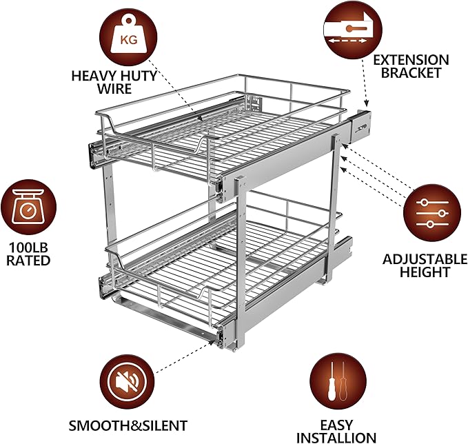 2-Tier Pull Out Cabinet Organizer (17.5" W x 22" D), Pull Out Shelves and Drawer for Kitchen Pantry Storage Basket, Heavy-Duty Metal Sliding Shelf, Chrome Finish