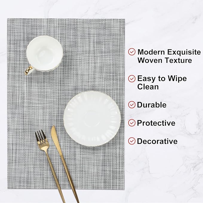SHACOS Woven Vinyl Placemats Set of 6 Wipe Clean Table Placemats Heat Resistant Wipeable Non Slip Table Mats Indoor Outdoor, Gray White
