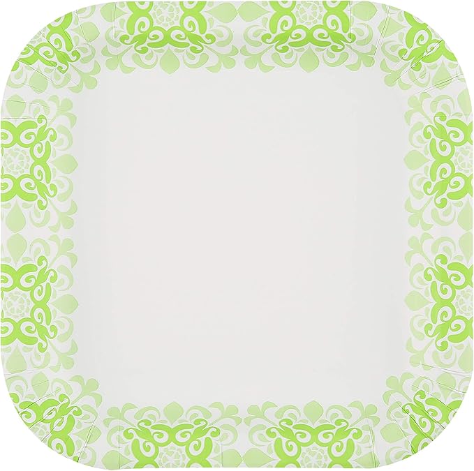 Glad Square Disposable Paper Plates, Green Victorian Pattern - Strong, Sturdy, Soak Proof, and Microwavable Decorative Plates for Dinner and Everyday Use, 10 Inch, 50 Count