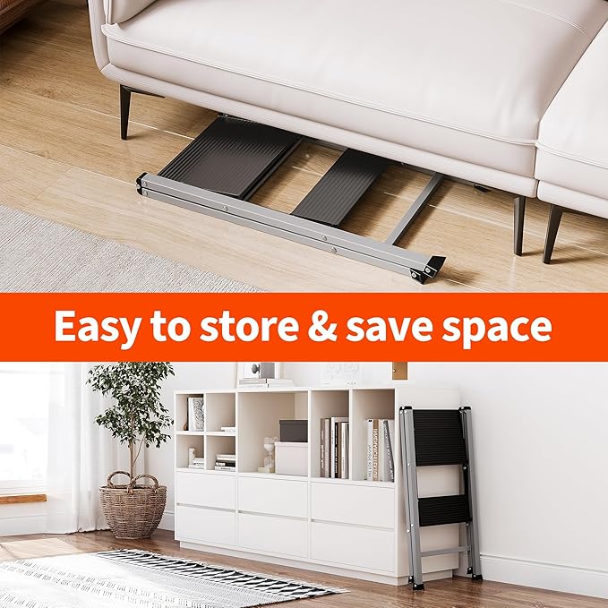 2 Step Aluminum Ladder, 800 lbs Capacity, Folding Step Stool for Adults, Anti-Slip Sturdy and Wide Pedal, Lightweight and Portable Stepladder for Home,Office, Grey