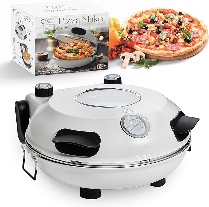 Cook With Color Electric Indoor Pizza Oven – Crispy Crust Countertop Pizza Maker, Heats up to 800˚F, 12 Inch Ceramic Stone, Dual Temperature Control Knobs, Bamboo Peel Included, Off White