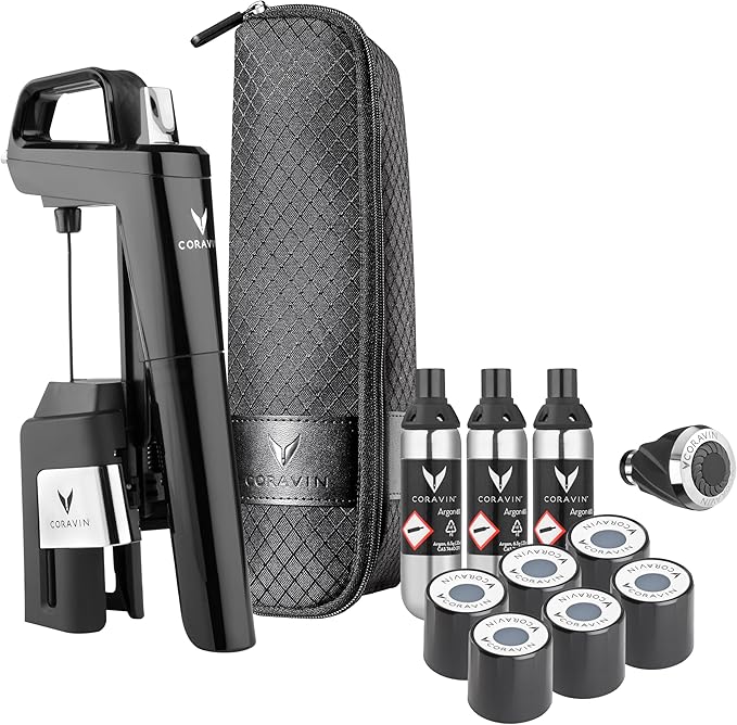 Coravin Timeless Six Plus Wine Preservation System - By-the-Glass Wine Saver - With 3 Pure Argon Gas Capsules, 6 Screw Caps & Wine Aerator - Piano Black