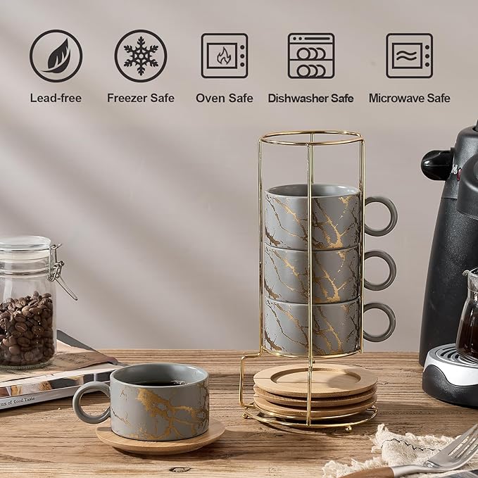 LUKA 6 Ounce Porcelain Stackable Espresso Cups with Saucers and Metal Stand Set of 4, Ceramic Cappuccino Cups Set for Specialty Coffee Drinks, Latte, Cafe Mocha and Tea, Gray