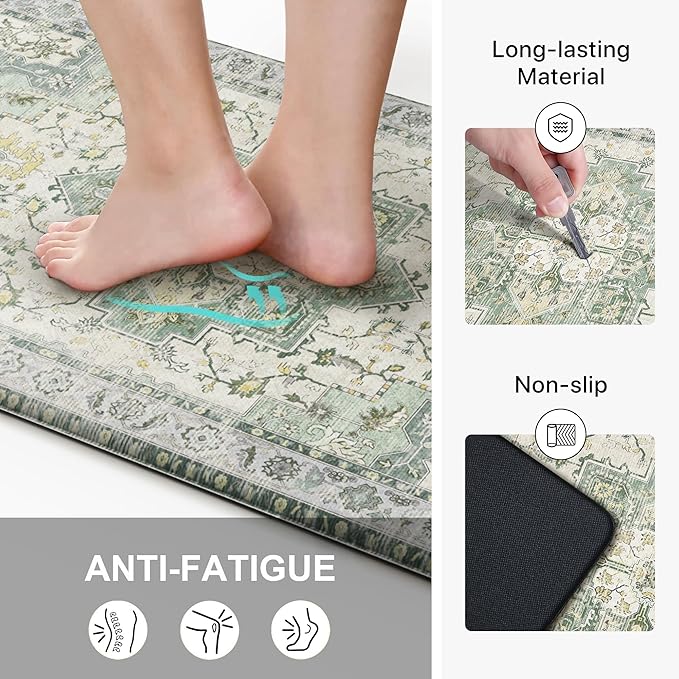 GENIMO Kitchen Mats for Floor 2PCs, Washable Anti Fatigue Mat for Cushioned, 17.3"x47"+17.3"x30", Waterproof Kitchen Rugs, Non Slip Comfort Standing Mat Rug for Home, Sink, Laundry, Light Green