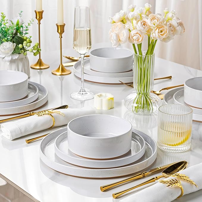 AmorArc Ceramic Dinnerware Set for 8 | Speckled Stoneware Plates and Bowls with Rustic Terracotta Underside| Scratch Resistant,Dishwasher & Microwave Safe Dishes Sets- 24pcs White