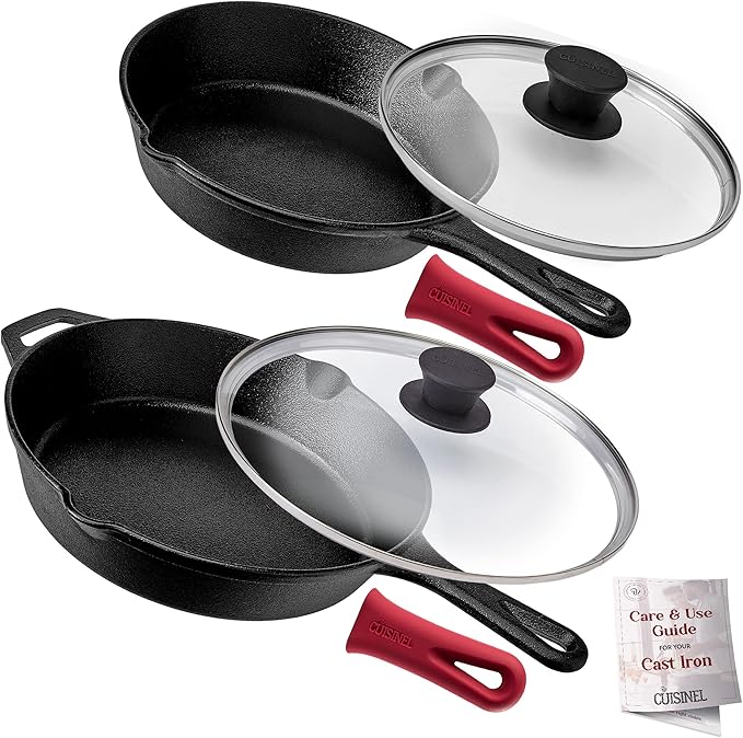 Cast Iron Skillet Set - 8" + 10"-Inch Frying Pans + Glass Lids + Silicone Handle Holder Grip Covers - Pre-Seasoned Oven Safe Cookware - Indoor/Outdoor Use - Grill, BBQ, Fire, Stovetop, Induction Safe