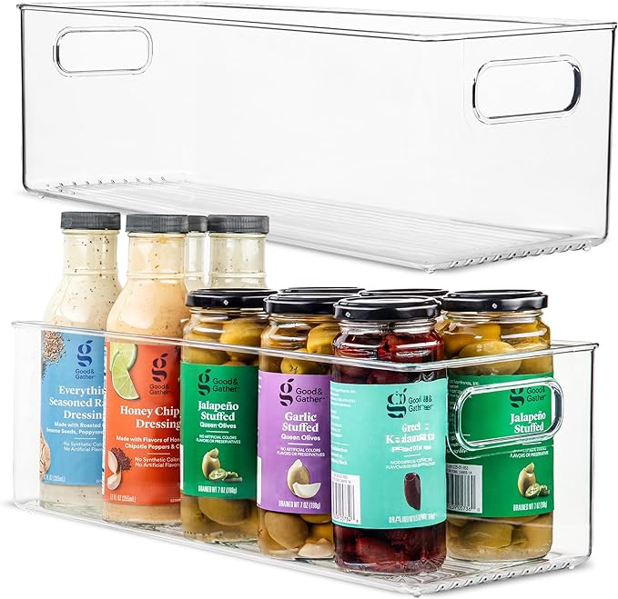 Plastic Food Storage 2 Pack Clear Container Bin with Handles for Organizing Kitchen, Pantry, Refrigerator, Freezer, Pantry, Cabinet, Closet, Bathroom. 16”x6”x5”