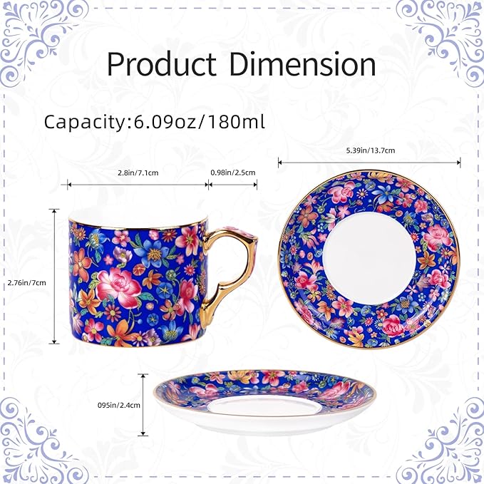 KAMMAK Tea Cups and Saucers Set of 2, Ceramic Coffee Cup with Saucer for Espresso, Cappuccino, 7oz Vintage Yellow and Blue Floral Porcelain Demitasse Mug for Home, Tea Party, Office