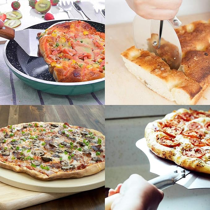 Onlyfire Round Pizza Stone Set for Oven and Grill, Pizza Grilling Tool Kit Including Baking Stone, Pizza Peel, Pizza Shovel and Cutter, Ideal for Baking Crisp Crust Pizza, Bread and More
