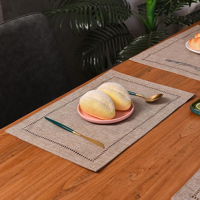 Tosewever Set of 4 Decorative Linen Placemats 12 x 18 Inches, Farmhouse Style Table Mats for Everyday Dining Wedding Party Holiday Home Decor (4 Pieces 12 x 18”, Light Coffee/Straight)