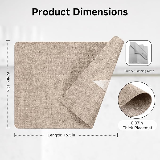 Faux Leather Vinyl Placemats Set of 6 Wipeable Heat Resistant Place Mats 100% Washable - Waterproof - Anti Slip Reversible Table Mats for Kitchen/Dining/Party/Outdoor, 12" x 16.5", Khaki