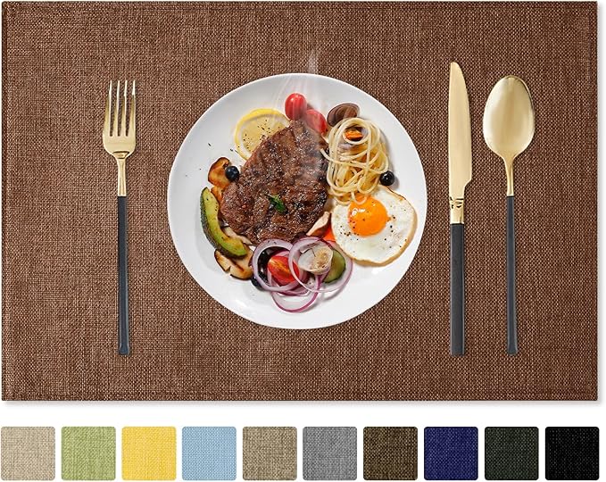 Romanstile Cloth Placemats Set of 6-12 x 18 Inch, Heat Resistant Double Layered Thickened Burlap Place Mats, Washable Linen Farmhouse Table Mats for Kitchen/Dining/Party/Outdoor, Dark Brown