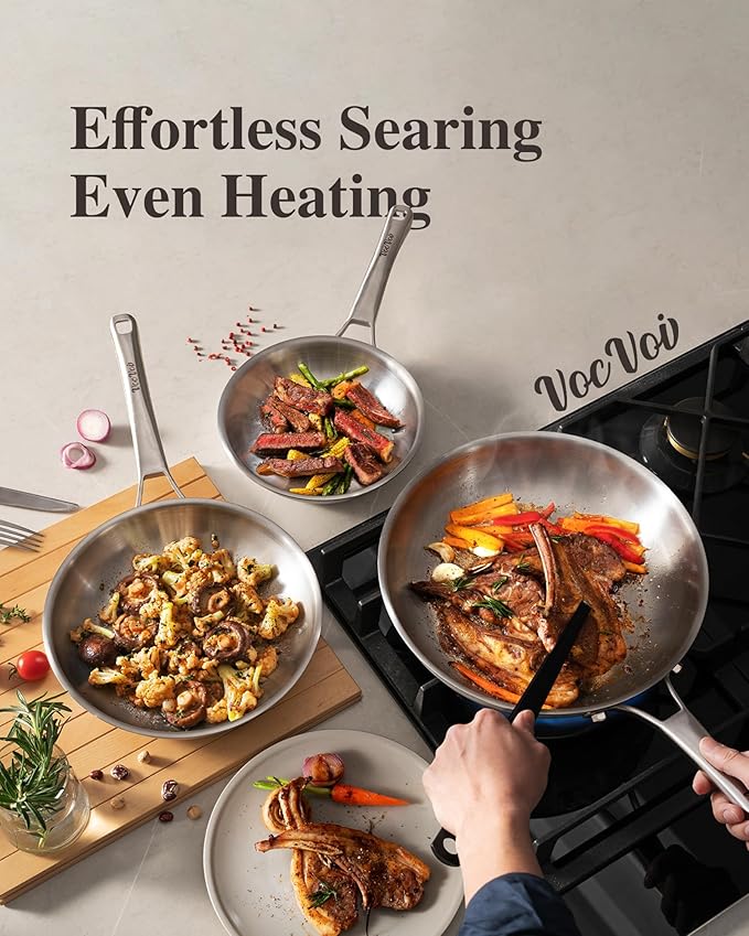 12 inch Tri-Ply Stainless Steel Pan,PFOA&PTFE Free Skillets,Chef's Pans,Dishwasher and Oven Safe Cookware, Works on Induction,Ceramic and Gas Cooktops