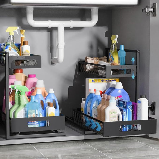 2-Tier Under Sink Organizer, Silk-Smooth Metal Sliding Drawer Organizers and Storage Rack, Pull Out Cabinet Shelf for Kitchen, Bathroom, Pantry, Cabinet, Closet