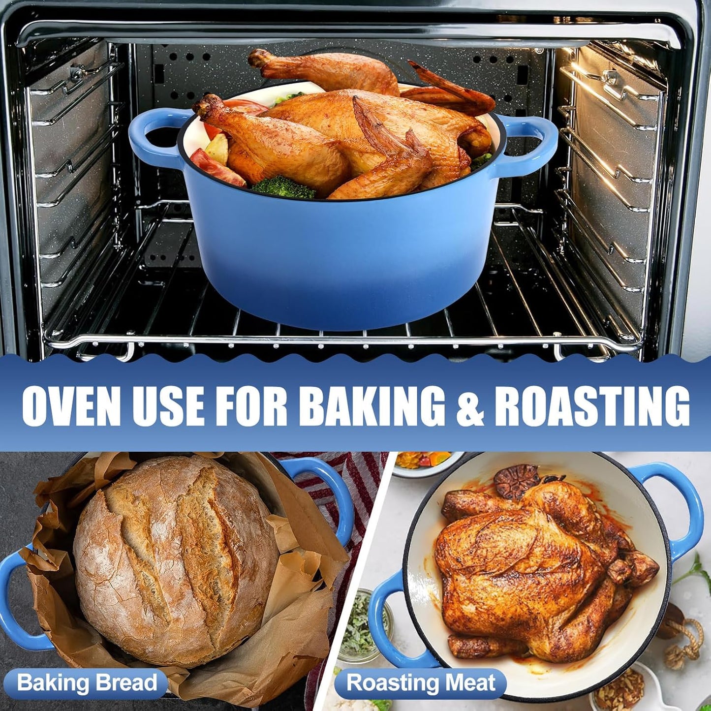 P&P CHEF 7QT Enameled Dutch Oven, Cast Iron Dutch Oven Pot with Lid for Bread Baking, Enameled Casserole Pot for Roasting Braising Stewing Frying Simmering, Various Stoves & Easy Clean, Blue