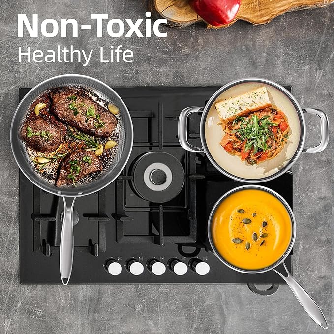 COOKER KING Non-toxic Frying Pans Set of 3 (8+10+12 Inch), Tri Ply Stainless Steel Pans, Induction Pan Set, Chef's Pan, Skillets Dishwasher & Oven Safe, Stay-Cool Handles, Compatible with All Cooktops