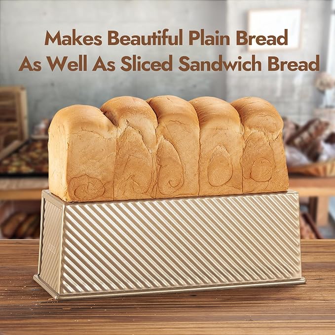 CURTA Commercial Pullman Loaf Pan with Lid 2.2 lb Dough Capacity Non-Stick Bakeware for Baking Bread Corrugated Bread Toast Mold extra large loaf pan Champagne Gold 1pcs
