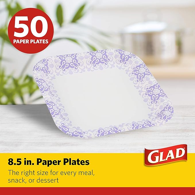 Glad Square Disposable Paper Plates for All Occasions | Soak Proof, Cut Proof, Microwaveable Heavy Duty Disposable Plates | 8.5" Diameter, 50 Count Bulk Paper Plates