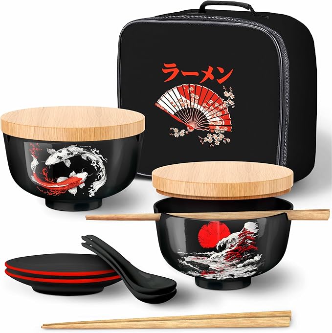 Japanese Ramen Bowl Set of 2-20 Pcs, 32 Oz Ceramic Microwaveable & Dishwasher Safe Large Noodle Bowls with Lid & Built-In Chopstick Holder, Pho, Udon, Thai, Korean, Rice - 6.5 Inch