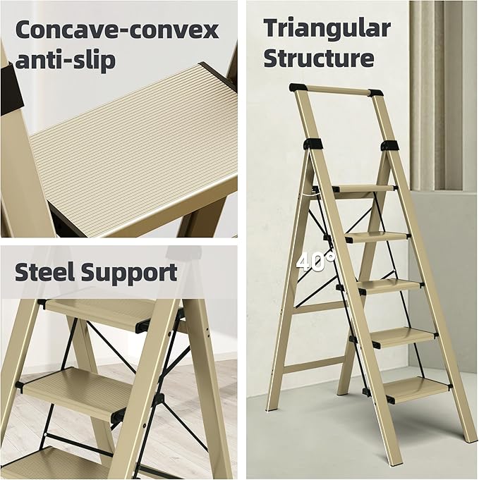 HillhutApex 5 Step Foldable Aluminum Step Ladder with Handgrip, Anti-Slip Pedal, 330 lbs Capacity, Lightweight & Portable for Home, Kitchen, Office, Garage (Gold)