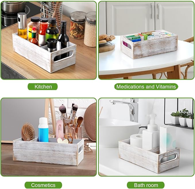 DRASTAR Pantry Organization and Storage Bins, Wooden Seasoning Packet Organizer with Removable Dividers, Retro White Storage Caddy for Kitchen, Pantry, Cabinet, Countertop