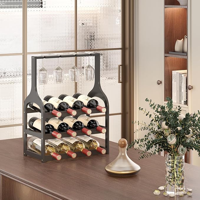 Wine Rack Countertop for 12 Wine Bottles and 4 Glass Holder, Small Bamboo Free Standing Racks Tabletop Display, Wooden Wine Storage Organizer for Cabinet Pantry Kitchen Bar Home Dining Room (Black)