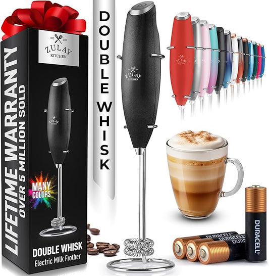 Zulay Kitchen Whisk Milk Frother with 4 Duracell Batteries - Powerful Handheld Foam Maker for Coffee, Lattes, Matcha, Hot Chocolate & Cappuccinos - Whip Creamy Froth in Seconds